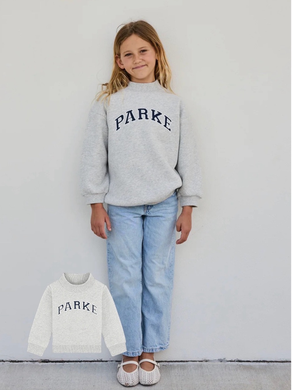 Parke Light Gray Kids Sweatshirt with Navy Logo